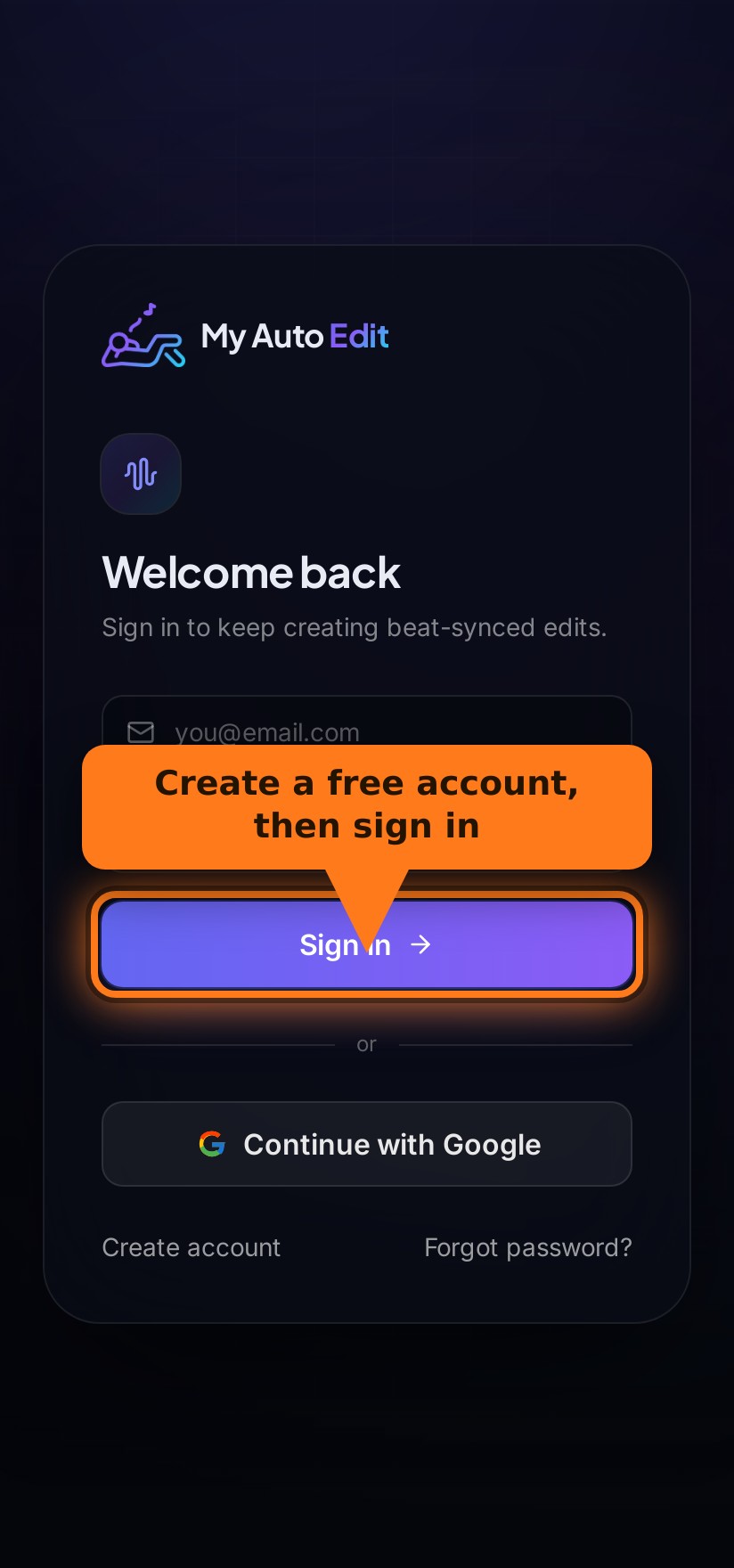 The My Auto Edit sign-in screen, with an arrow pointing to the Sign in button