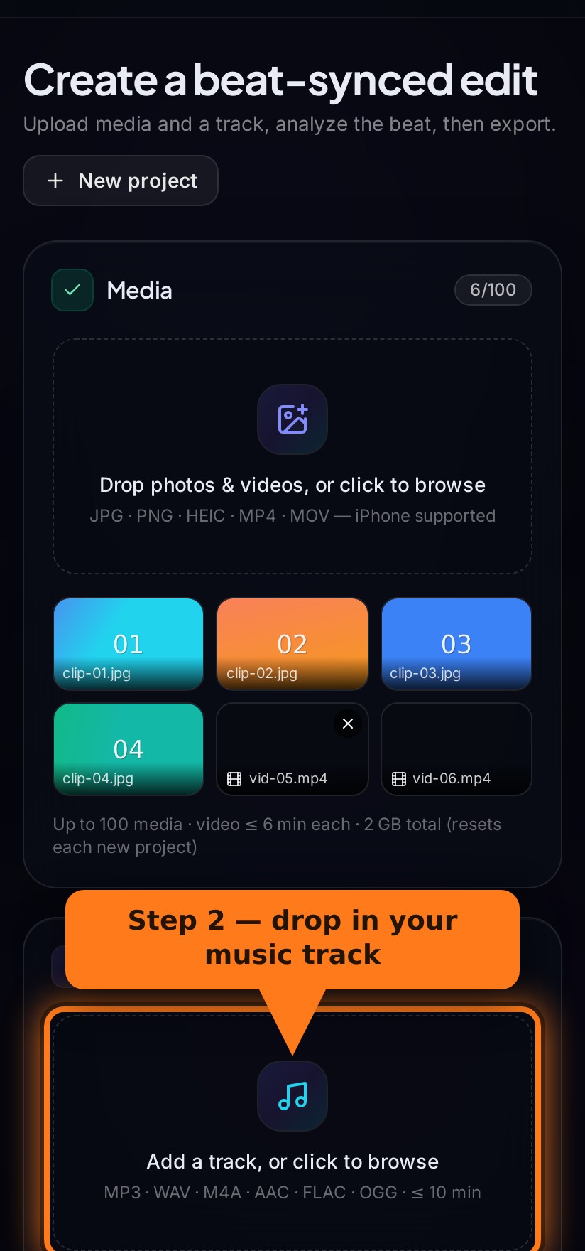 The Music upload box with an arrow pointing to where you drop your song