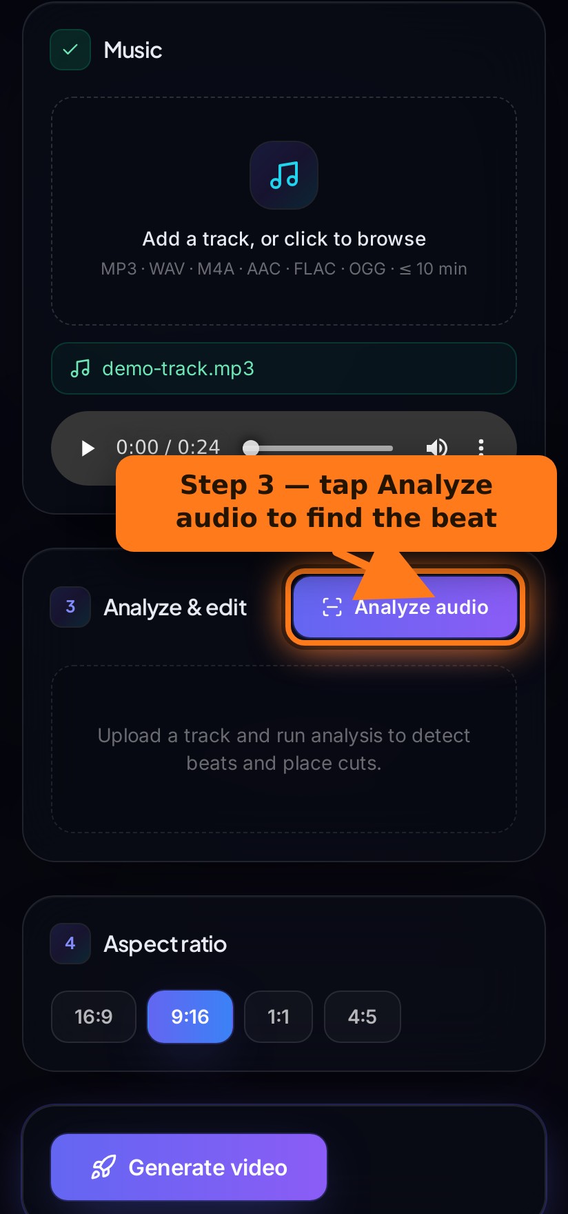 An arrow pointing to the Analyze audio button in the editor