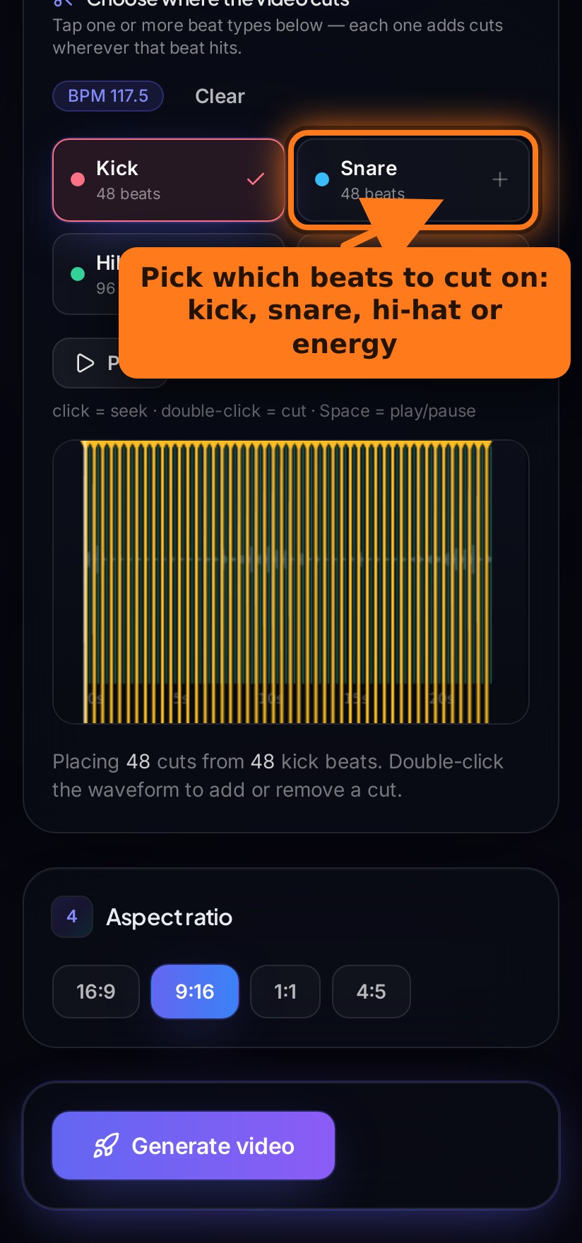 The beat-type chooser showing kick, snare, hi-hat and energy, with an arrow pointing to the options