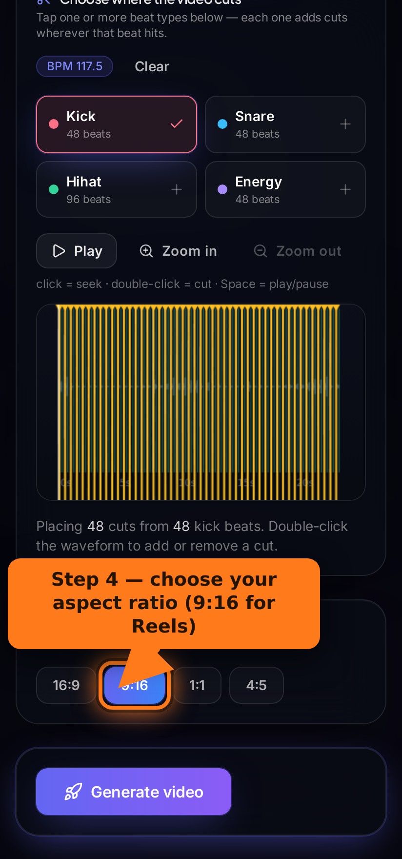 The aspect ratio options with an arrow pointing to 9:16 for Reels