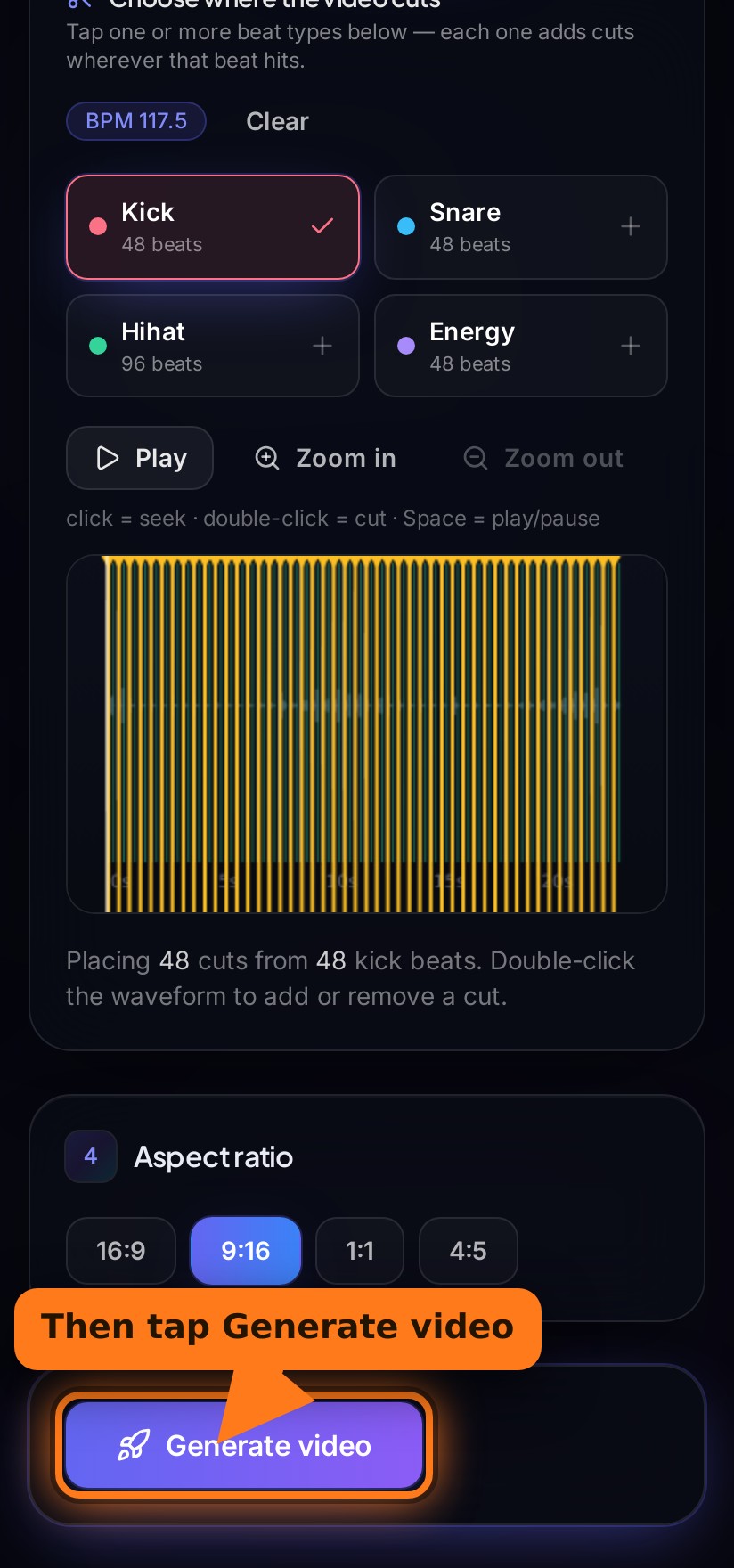 An arrow pointing to the Generate video button